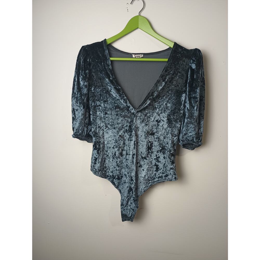 Free People Don't You Wish Velvet Bodysuit Thong Blue Velour Deep V Neck Small